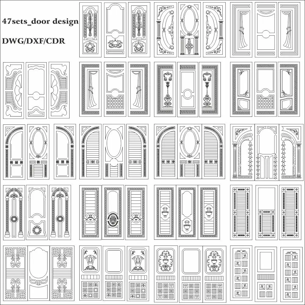 

47 sets doors Dxf/Dwg file AutaCAD 2D vector design drawing CNC Vector DXF Plasma Router Laser Cut DXF-CDR Files CorelDRAW