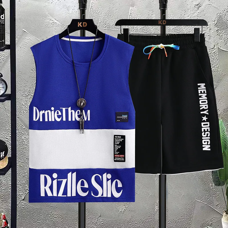 Live Broadcast Popular Sleeveless Vest Sportswear Suit Men's Summer Casual Running Summer Waffle Shorts T-shirt Men's Clothing