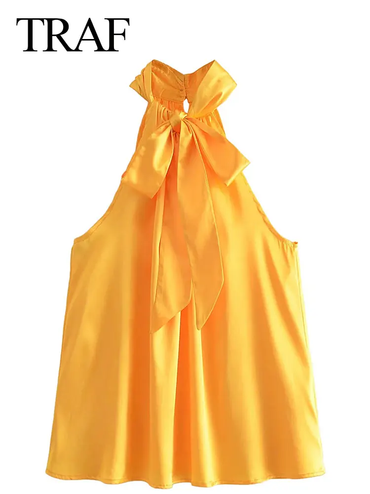 

TRAF Ladies Halter Tank Top Summer Sleeveless Solid Color Bright Yellow Buttons Loose Casual Streetwear Fashion Women's Clothing