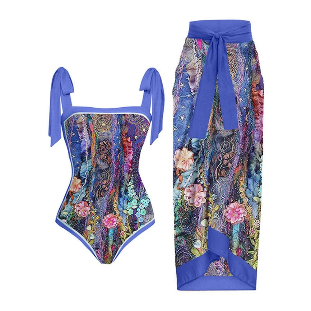 

Casual Beach Sexy Bikini Set Off Shoulder Bodysuit & Skirt Floral Print Swimsuits for Women 2 Piece Set Spaghetti Strap Swimwear