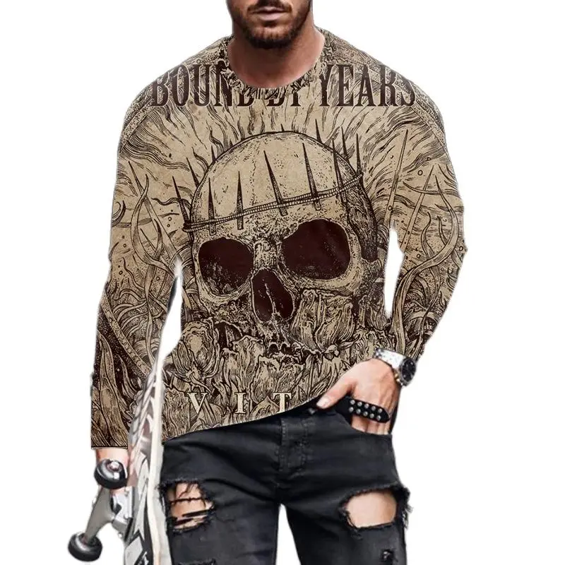 

Skull Print T-shirt Men's Casual Sports 3d Long-sleeved Shirt Street Trend European and American Youth Loose Round Neck