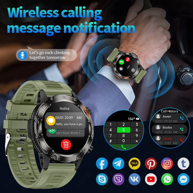 Фото LIGE IP68 уличные умные часы для мужчин 290 мАч светодиодный фонарик часы Bluetooth вызов пульс 100+ спортивные умные часы мужские 2025 новинка №2