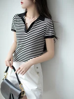knitted women pullover sweater beautiful to wear casually contrasting stripes t shirt short sleeved knitted women top summer2022