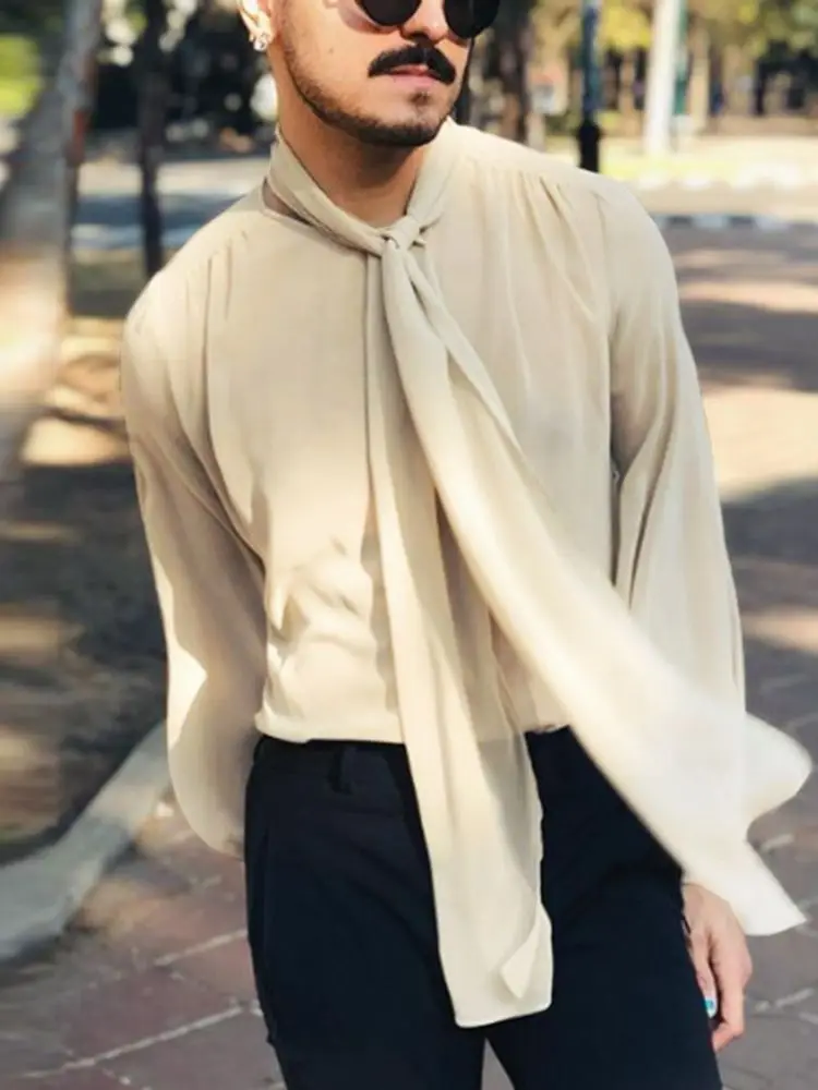 

2022 Men Shirt Solid Color Mesh Transparent Lace Up Long Sleeve Loose Casual Men Clothing Fashion Leisure Camisas S-5XL INCERUN