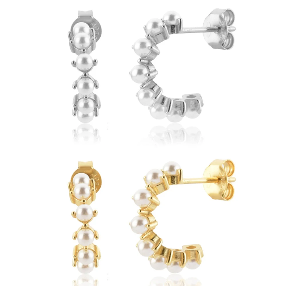 

S925 Silver Delicate Zircon Pearl Inlaid C-Shaped Personality Earrings For Women Fashion Jewelry Trend Ins Same Earring Gift
