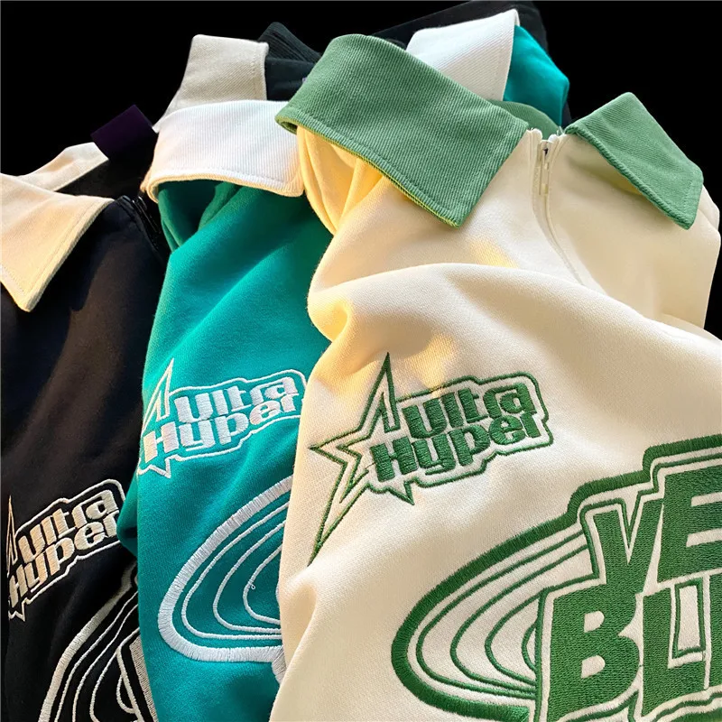 

Half Zip Hoodies Letter Flock Women Loose Polo Shirt Long Sleeve Gothic Y2k Tops Hip Hop Streetwear Men Pullover Kpop Clothes