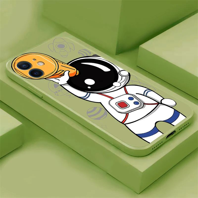 

Phone Case For Apple iPhone 13 12 11 Pro 13 12 Mini X XR XS Max SE 5S 6 6S 7 8 Plus Liquid Silicone Soft funda Cartoon Astronaut