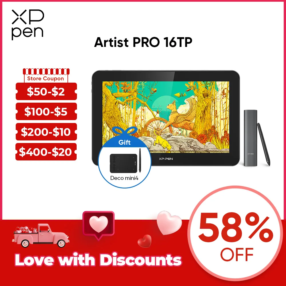 XPPen Artist Pro 16TP 4K Ultra HD Graphic Monitor Multi Touch Drawing Display 15.6 Inch Digital Tablet 8192 Levels Battety-free