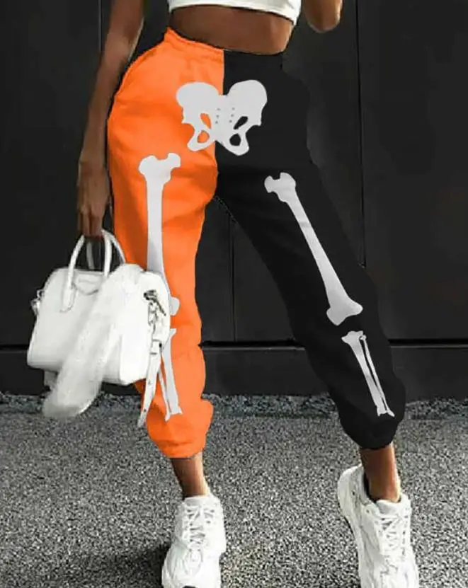 

Chic High Waist Skeleton Colorblock Print Casual Long Cuffed Pants Autumn Fashion Streetwear Female Clothing