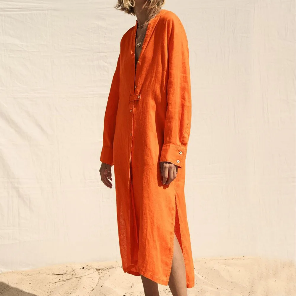 

Summer Women Casual Shirts Dress Solid Linen V Neck Buttons Female Fashion Elegant Street Loose Dresses Vestidos 2022