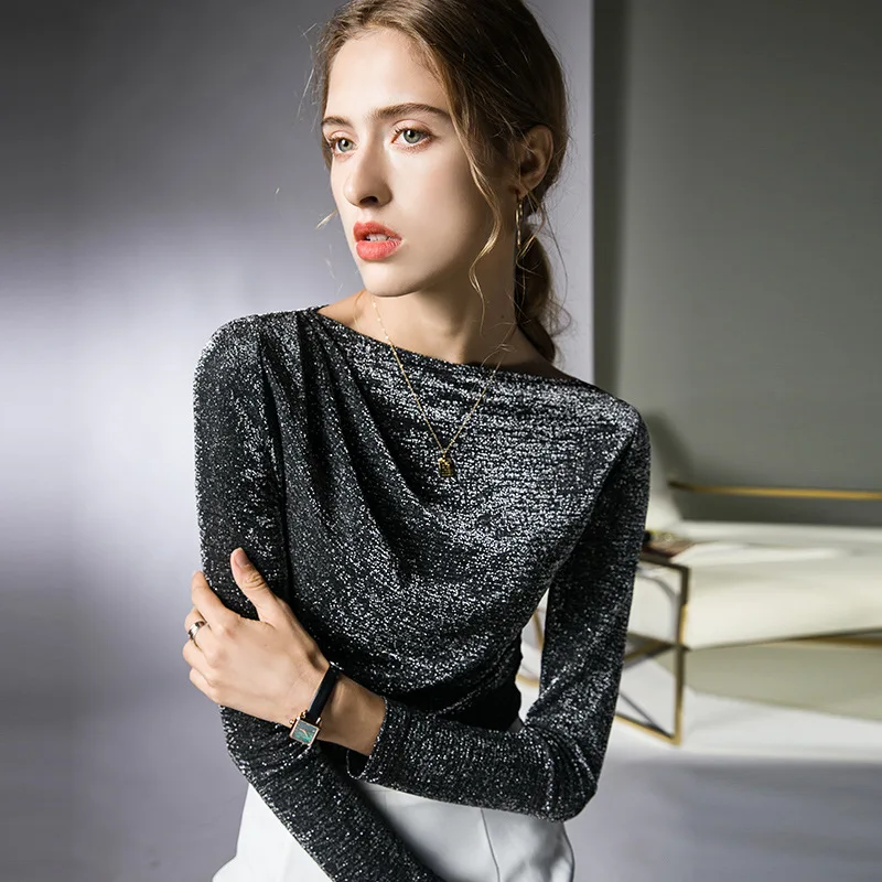 

Новинка 2023, Великолепная Женская осенне-зимняя футболка, женский сексуальный укороченный топ с блестящими складками, одежда, повседневные блузки, изящная встреча