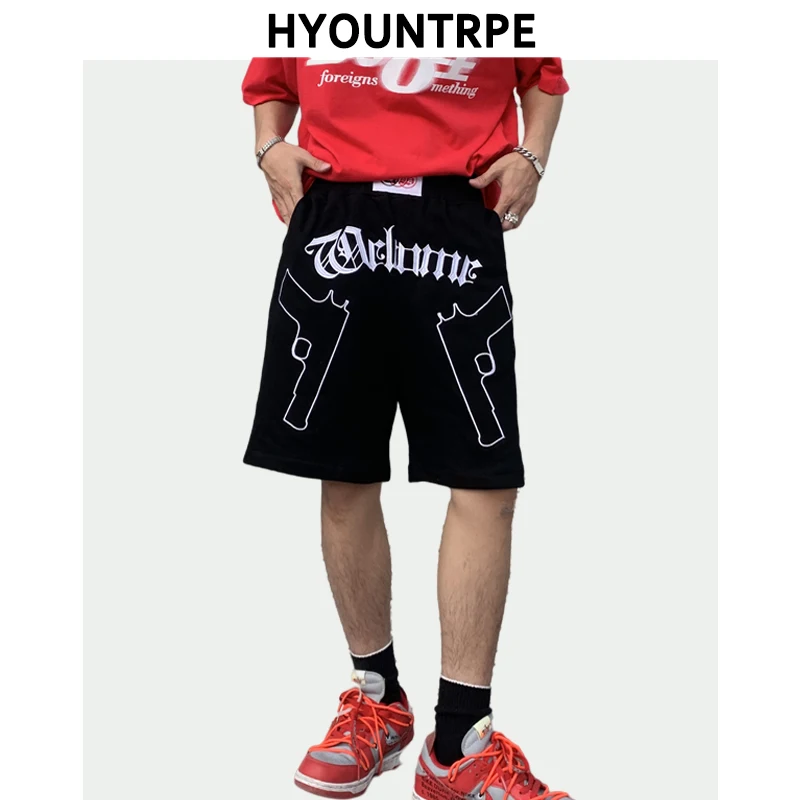 

Hip Hop Loose Shorts Elastic Waist Pants Gun Letter Embroidery Boxing Pants Mens Casual Drewstring Streetwear Sportswear Joggers