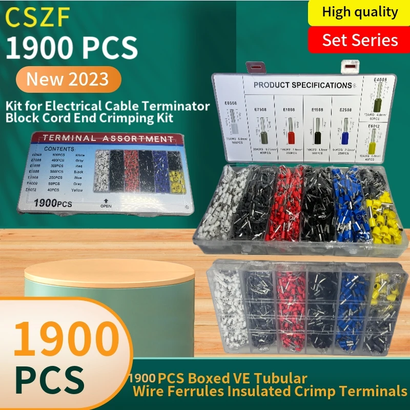 

1900 PCS,Boxed VE Tubular Crimp Terminals,Electrical Tube Terminals Suit,Block Cord End Connectors,Cable Wire Connector