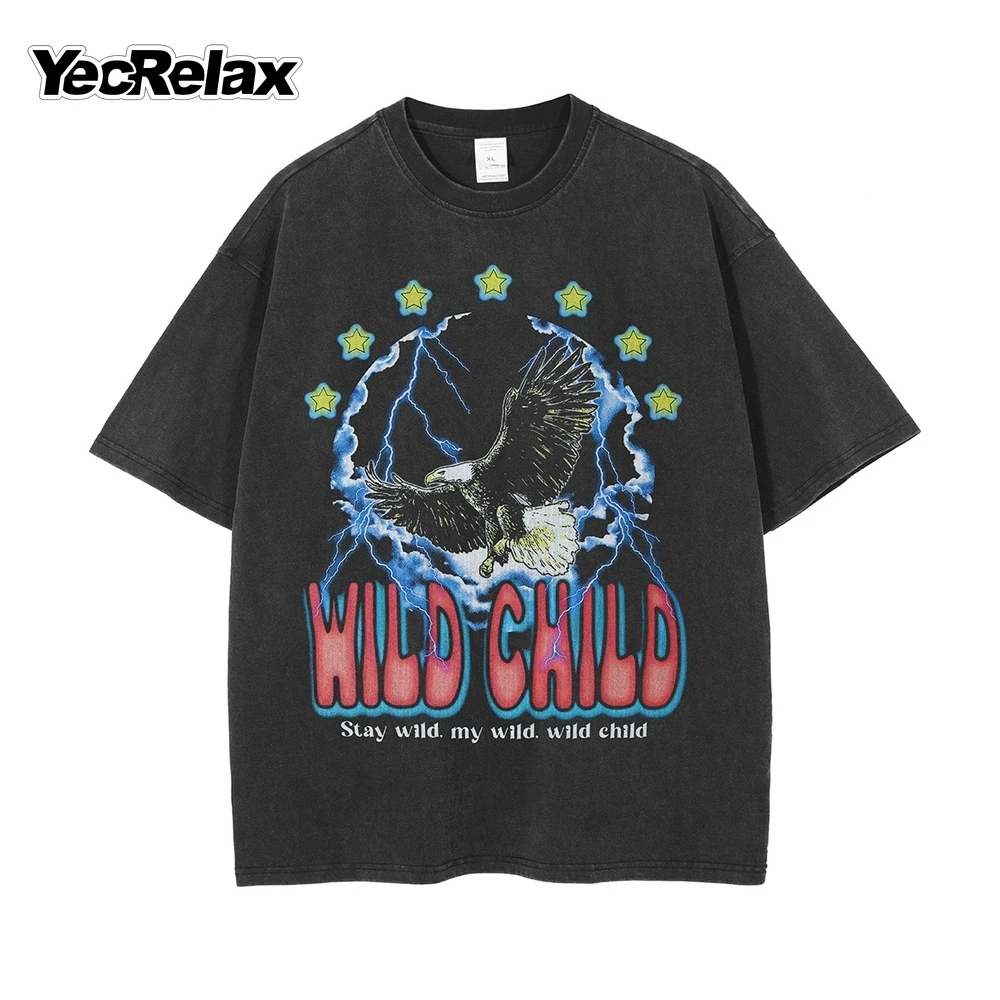 

Men's Spring Summer Street Fashion T Shirt Oversized Vintage Eagle Print T Shirt 2022 Washed Distressed Short Cotton T Shirt