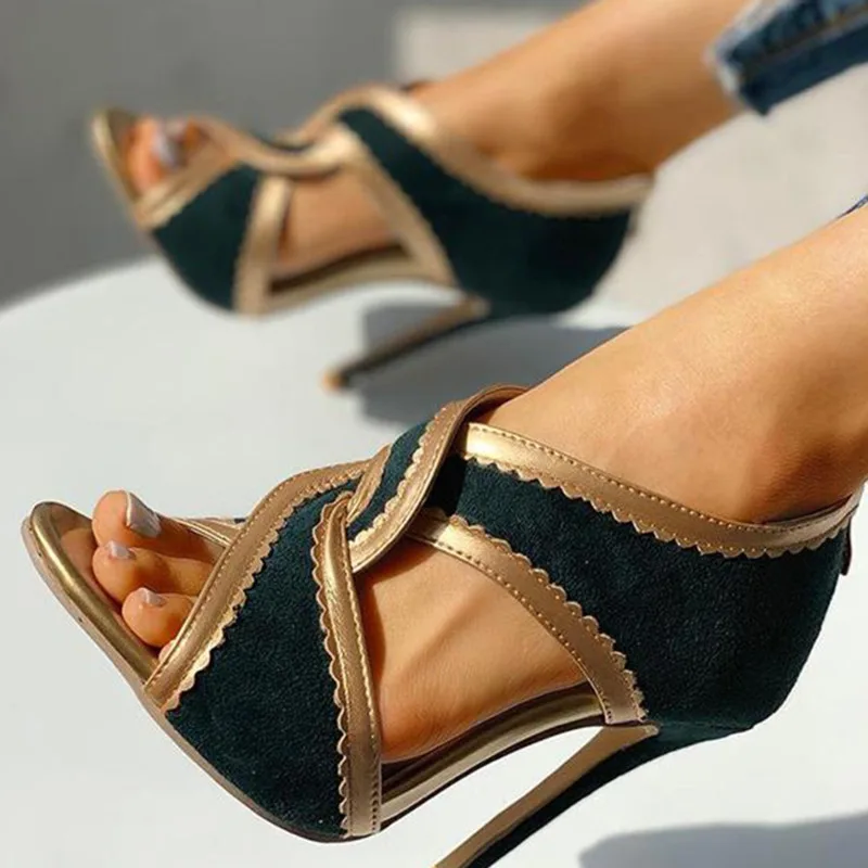 

Fashion Woman Sandals Thin High Heels Peep Toe Sexy Ladies Shoes Zipper Suede Green Party Banquet Elegant Women's Shoes Sandals