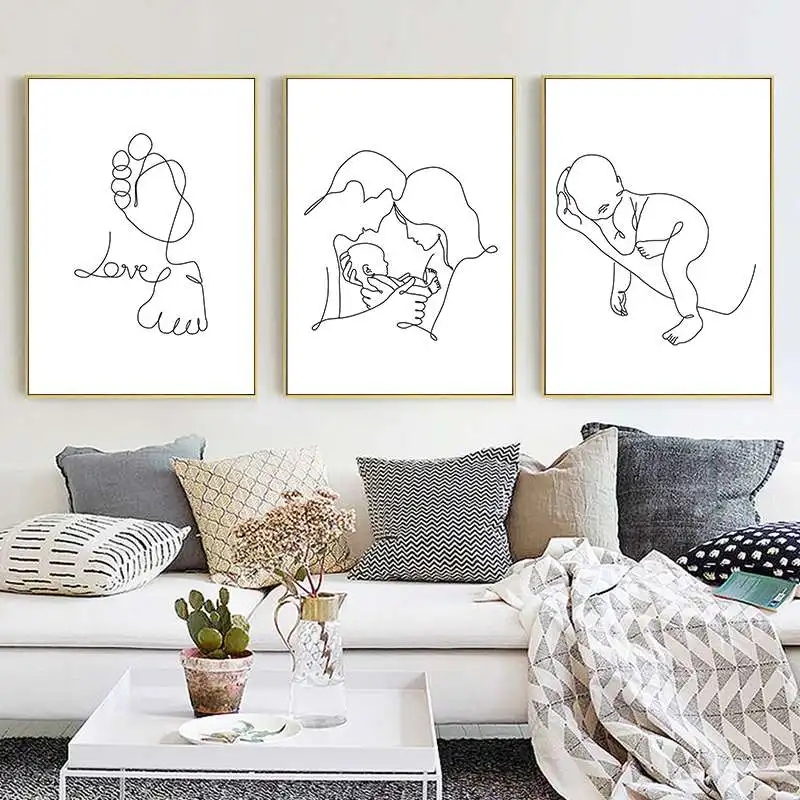 

Black White Wall Art Poster Family Line Print Modern Baby Footprints Canvas Painting Picture Nurdery Room Home Decor