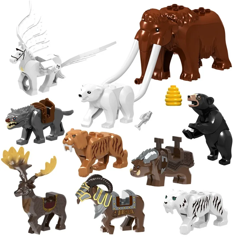 

Small particle animal building block mammoth saber toothed tiger elk wild boar sheep wolf bear horse shark bag 10 pieces
