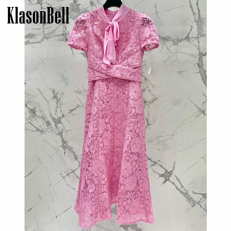 6.30 KlasonBell Elegant Lace Embroidery Hollow Out Puff Sleeve Slim Midi Dress Women