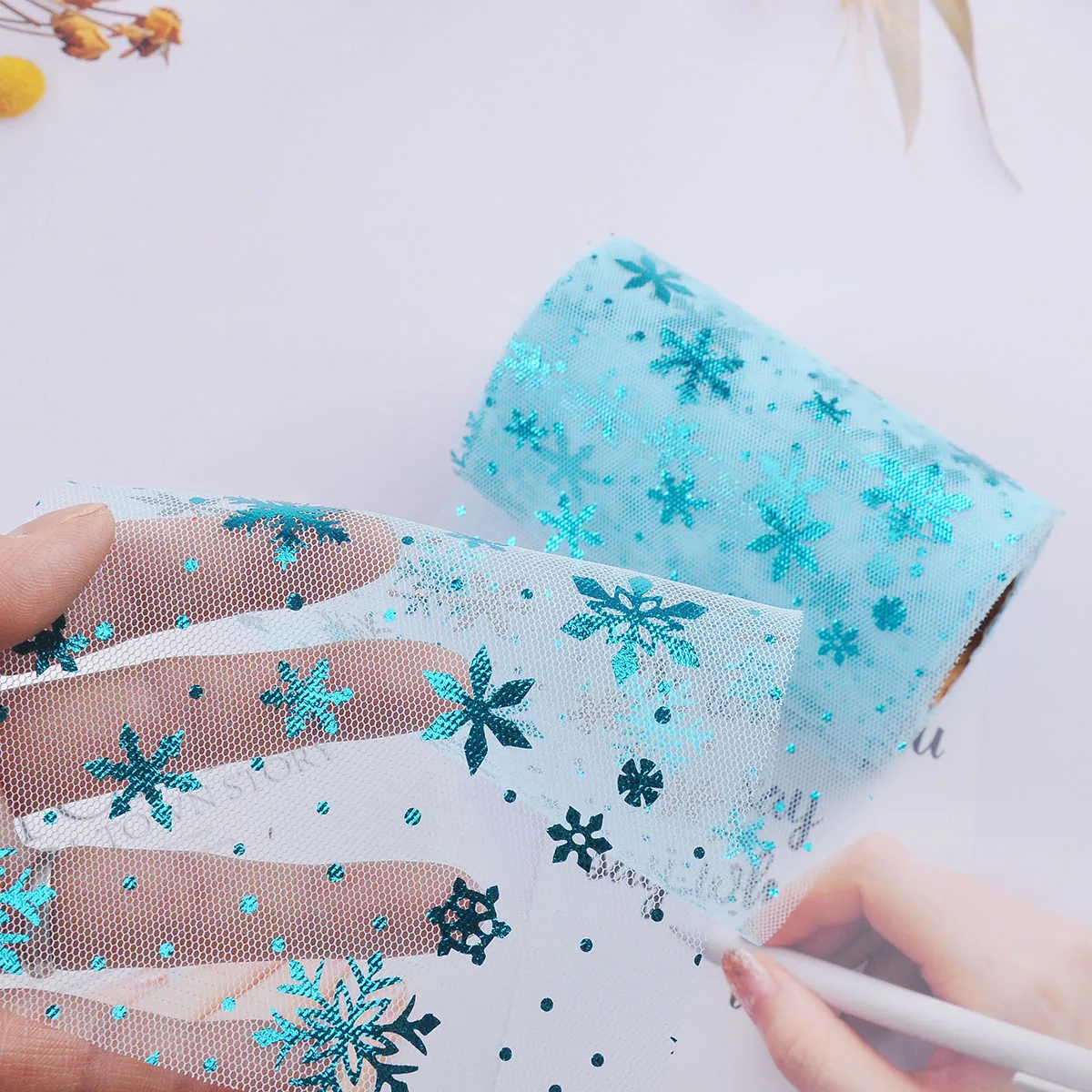 25 ярдов 6/13 см Серебряные Снежинки блестящие тюлевые рулоны органза украшение на