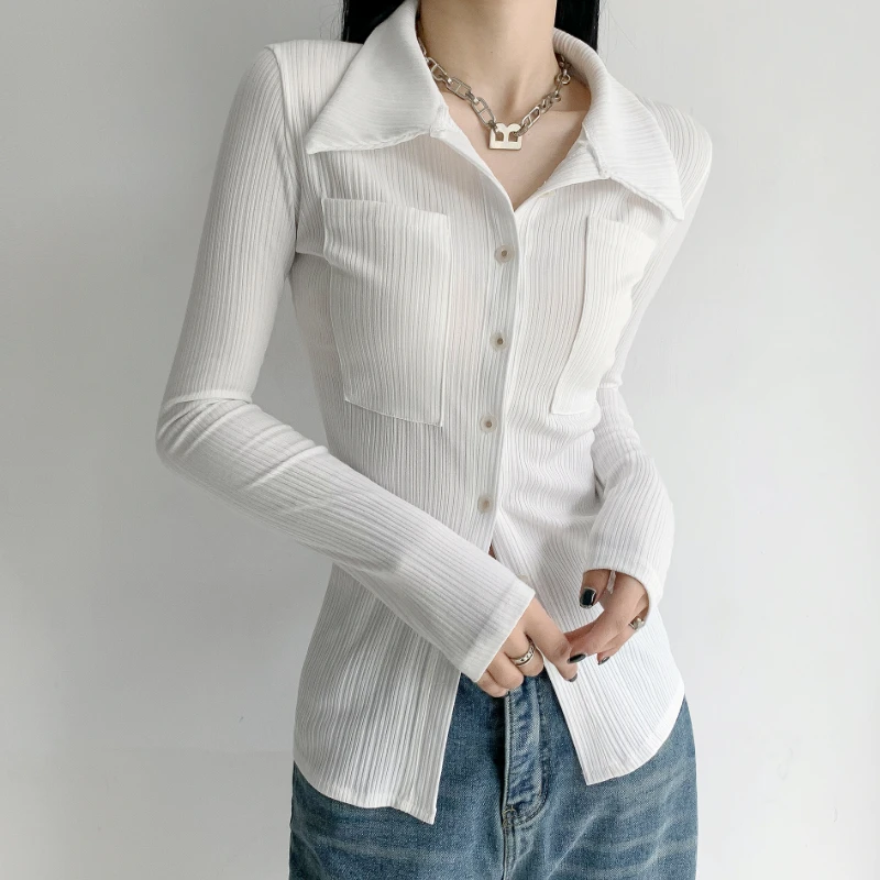 Feiernan Vintage White Shirts for Women Elegant Polo Tight Long Blouse Female Button Up Cardigan Spring 2022 Fashion Clothes
