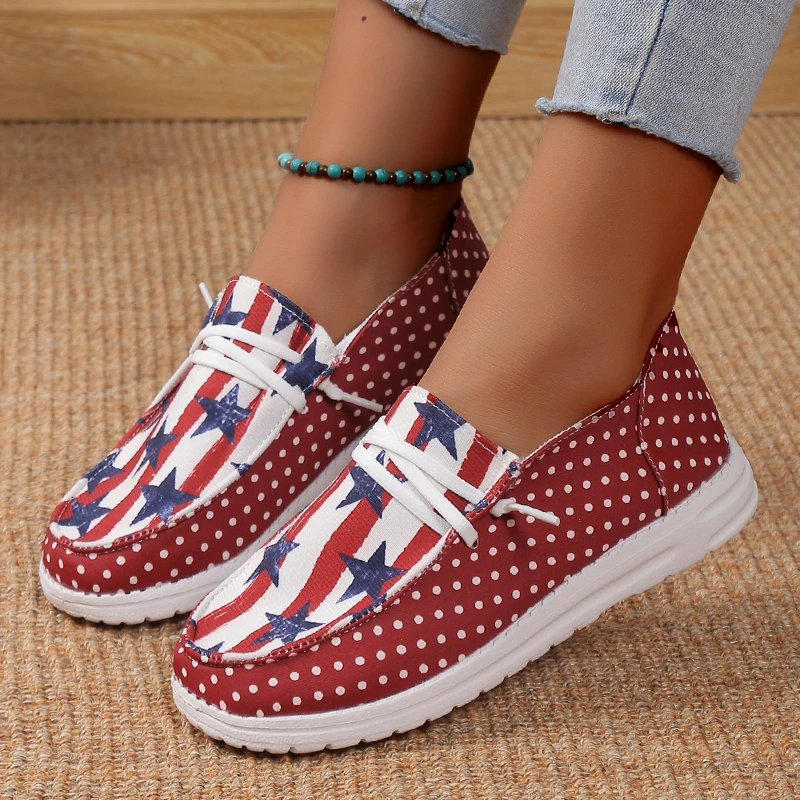 

Star Print Red Canvas Loafers Shoes 2023 Autumn Lightweight Soft Sole Casual Walking Shoes Woman Plus Size 43 Flat Heels Shoes