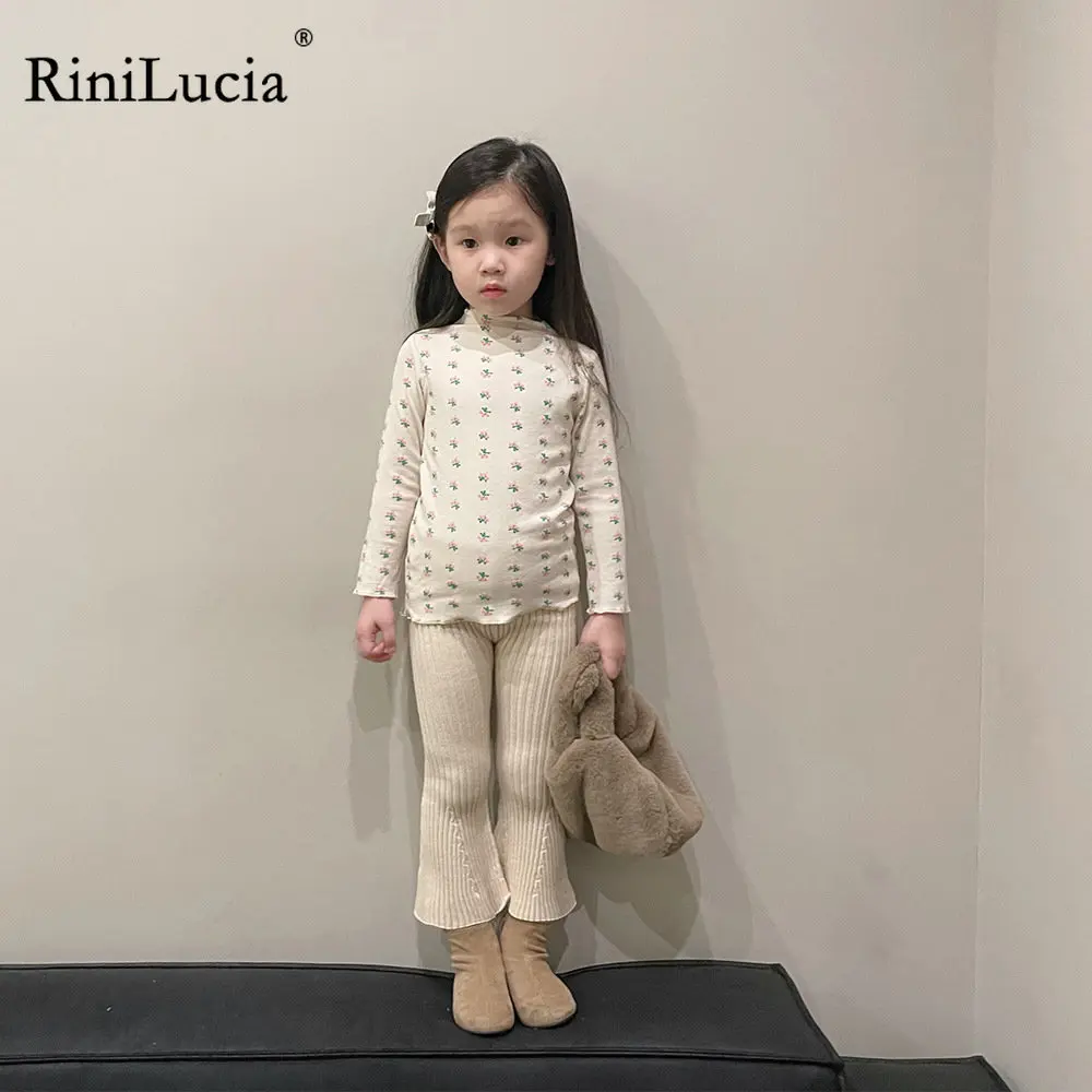 RiniLucia Girls Floral Bottoming Shirt All-match Korean Version O-neck Long Sleeve Ruffle T-shirt Autumn New BlouseTops