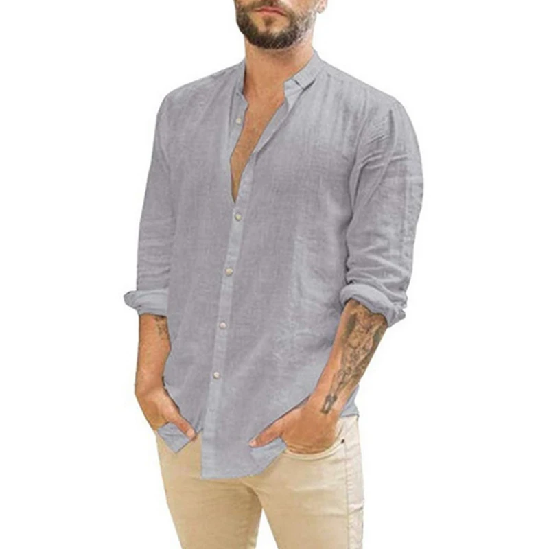 2022 new European and American men's loose linen cardigan solid color casual stand-up collar long-sleeved shirt comfortable
