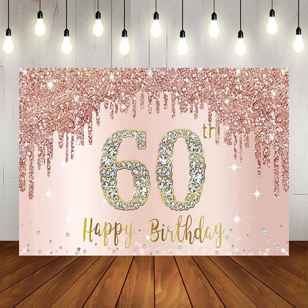 

Happy 60th Birthday Party Backdrop Decoration Pink Diamond Twinkling Photography Booth Background Sixty 60 Year Old Anniversary