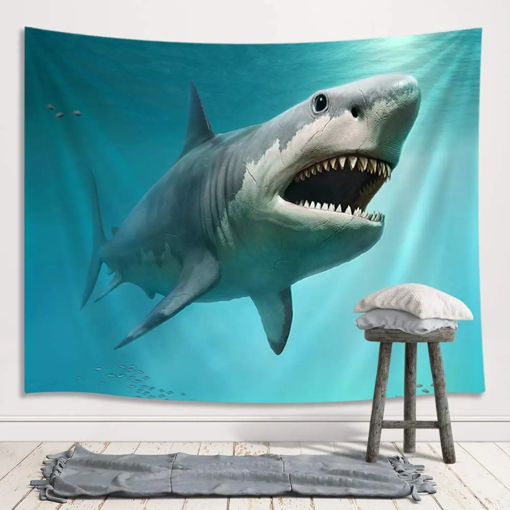 

3D Shark Ocean Decor Tapestry for Men Sea Animal Megalodon Underwater World Art Boys Tapestries Wall Hanging for Bedroom