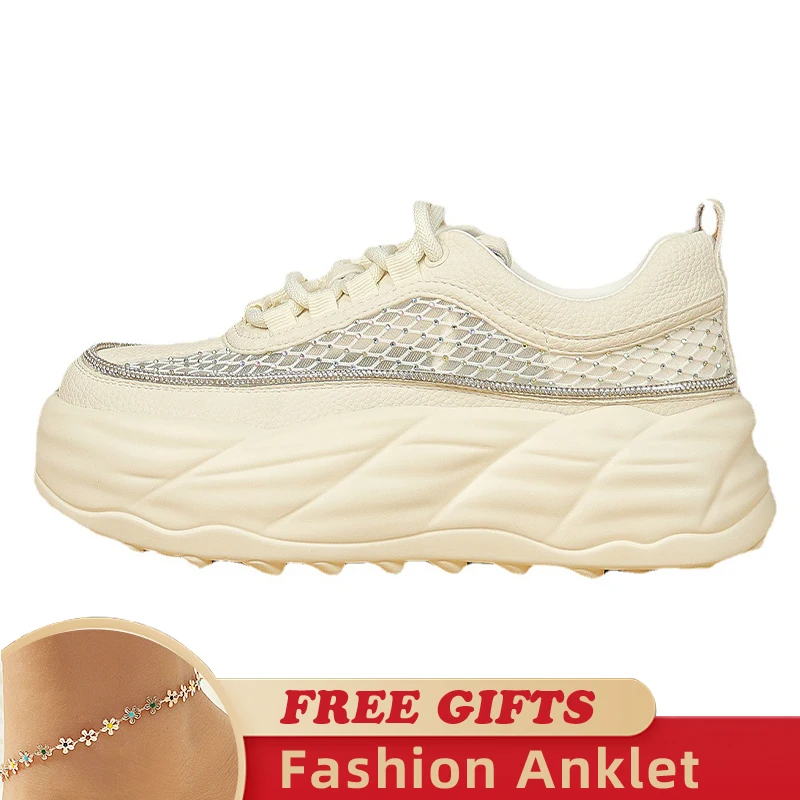 Rhinestone Decor 5cm Air MeshGenuine Leather Slides Hollow Ladies Summer Breathable Female Platform Sandals Wedge Shoes