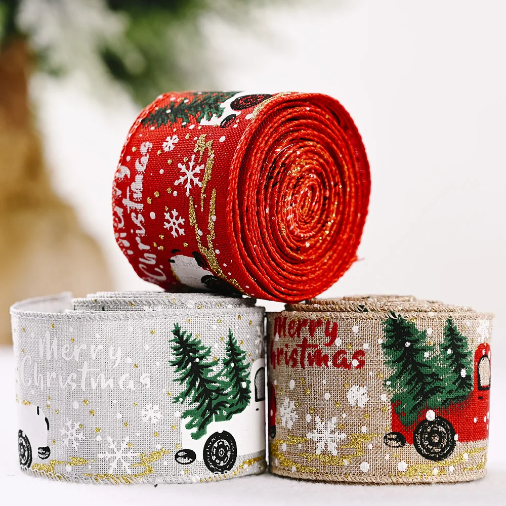 

2 Yards Width 6CM Christmas Tree Car Printed Natural Linen Cotton Ribbon Home Decoration Gift Wrap