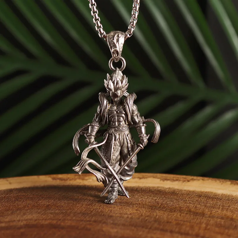 

New Punk Style Double Sword Warrior Pendant Necklace for Men Charming Anime Character Statue Exquisite Birthday Gift