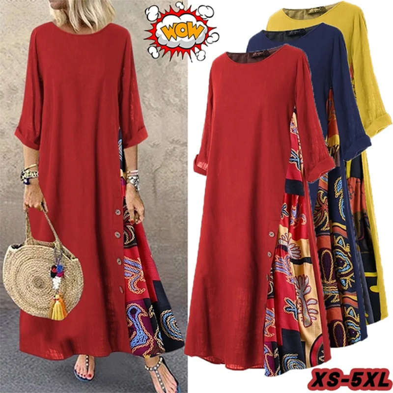 

Women Long Sleeve Loose Maxi Dresses Round Neck 3/4 Sleeve Long Dress Splice Patchwork Casual Kaftan Dress Vestidos