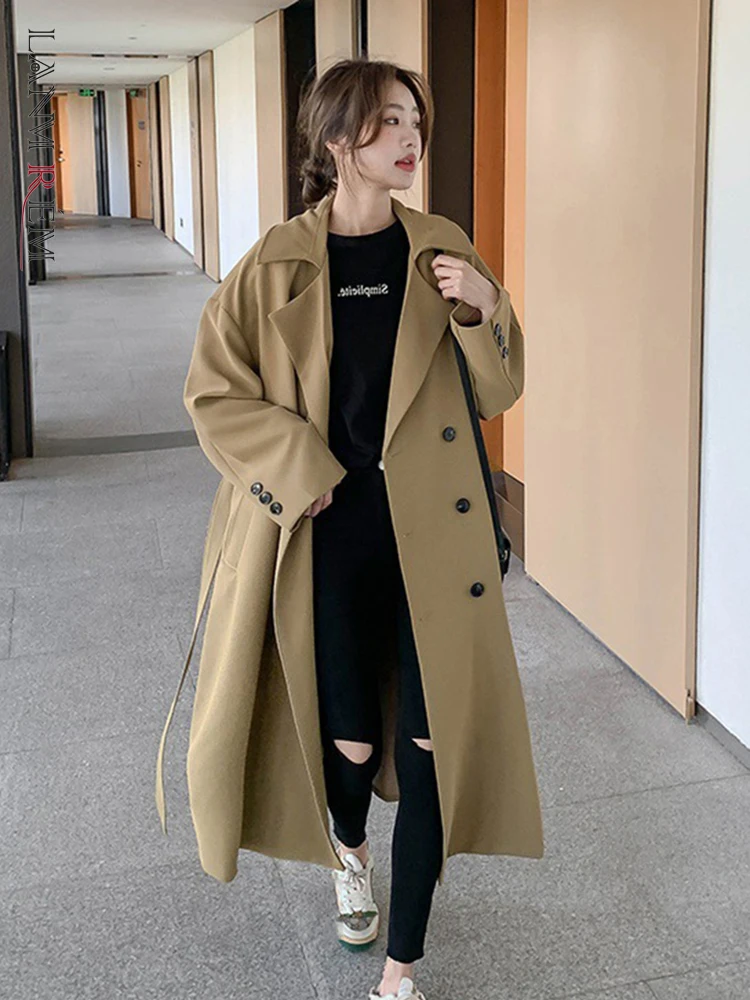 

LANMREM Double Breasted Loose Long Trench For Women 2022 Autumn Solid Color Lapel Fashion Streetwear Clothing Female 2R4334