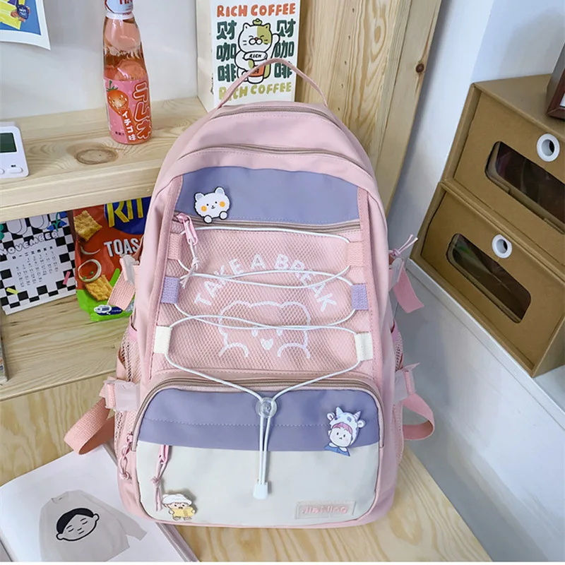 

Women Backpacks for School Teenagers Girls Cute Pink Nylon Patchwork Middle Student High School Bags Female Back Pack 2022