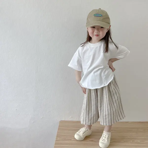 

2022 Kids Sets T-shirt Kids Pants Ankle Length Elastic Waist O-neck Collar Short Sleeve Pullover Soft Comfortable Summer Girls