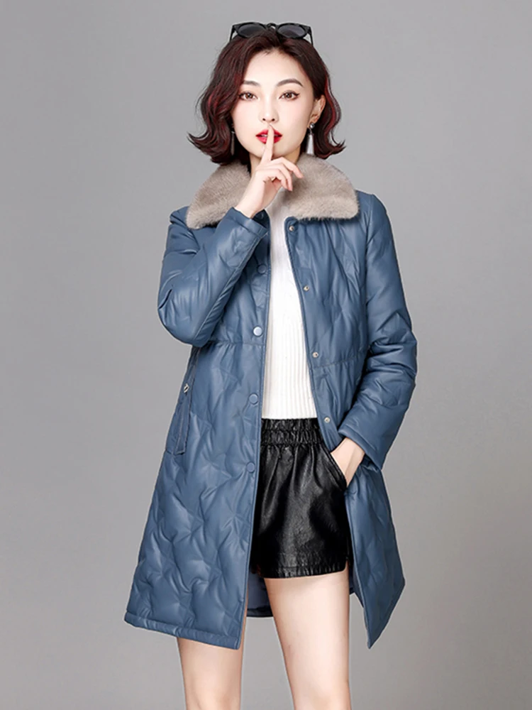 New Women Leather Down Coat Autumn Winter Casual Fashion Real Mink Fur Collar Slim Sheepskin Down Outerwear Thick Warm Jacket