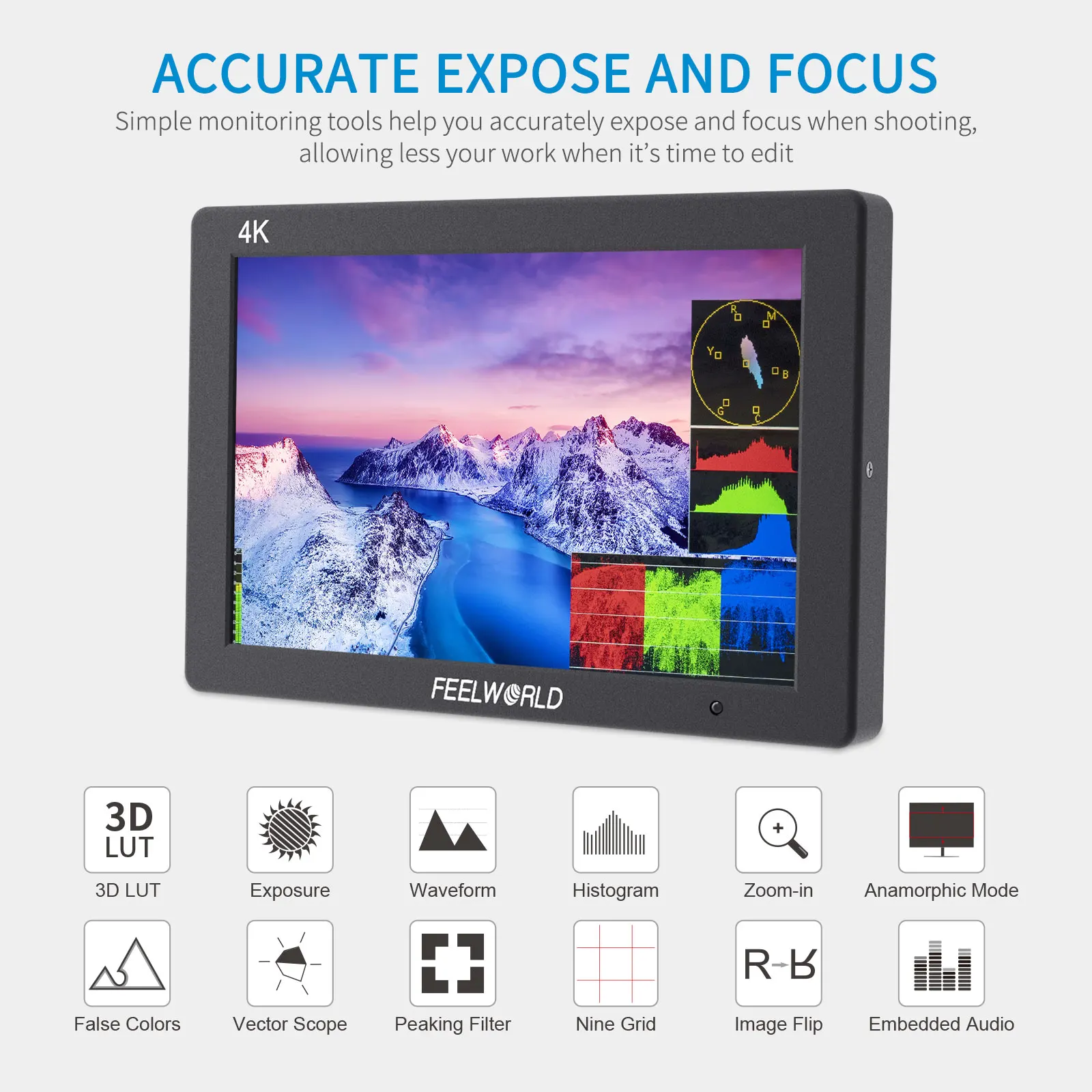 7-дюймовый 3D LUT IPS 1920x1200 полевой монитор FEELWORLD T7 PLUS с камерой в алюминиевом корпусе 4K