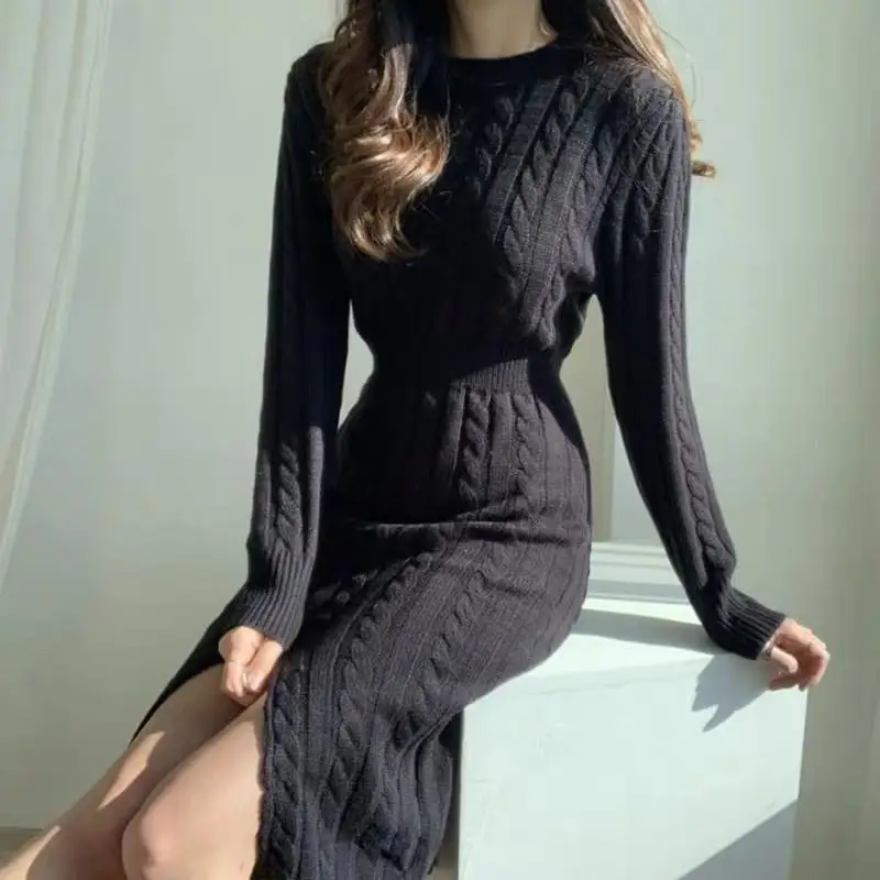 Woman o-neck Long Dress Female Knit Sweater Dresses New Autumn Ladies Knitted A-Line Dress Thick Pullover Party Dresses G355