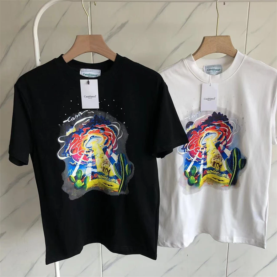 

23SS High Street Spacecraft Horse CASABLANCA T-Shirts For Men Women Streetwear Loose With Tags Black White Tee Top