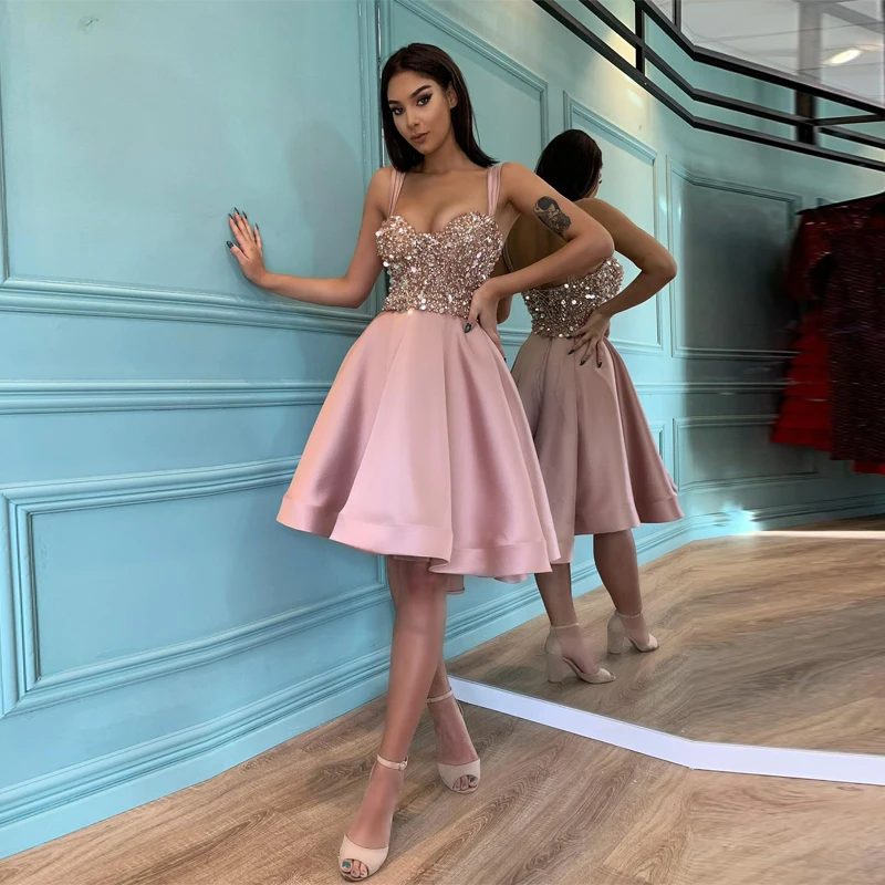 

Rose Gold Strapless Homecoming Dresses 2022 Sequins Beaded Birthday Party Dress Sweetheart Cocktail Party Gown
