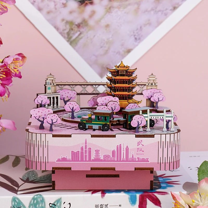 

New DIY Wooden Cherry Blossom Music Box Doll House Kit Movable Train Miniature Dollhouse Toys for Adults Girls Birthday Gifts