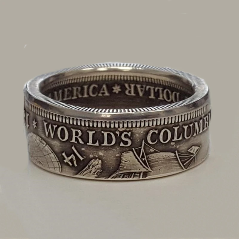 

Vintage Mens Finger Rings Antique Handmade Commemorative Coin Silver Color Dollar 1893 Chicago Carved Different Time Punk Ring