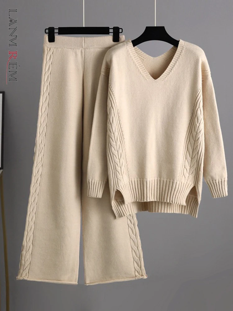 

LANMREM 2 Pieces Sets Knitting V Neck Twist Pullover Sweater With Wide Leg Pants Female Loose Fashion Clothing Winter 2R4578