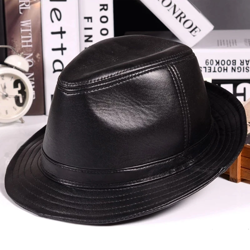 

2022 Winter Genuine Leather Top Hats For Men/Women British Gentlemen Wide Brim Stetson Fedoras 55-60cm Fitted Brown Gorra Male