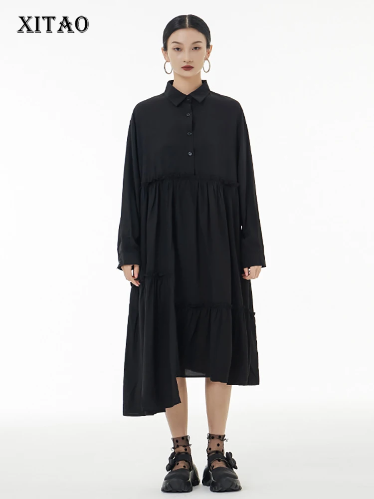 

XITAO Loose Folds Splicing Shirt Dress Solid Color Casual Simplicity Asymmetrical Hem Autumn New Temperament Women ZY7586
