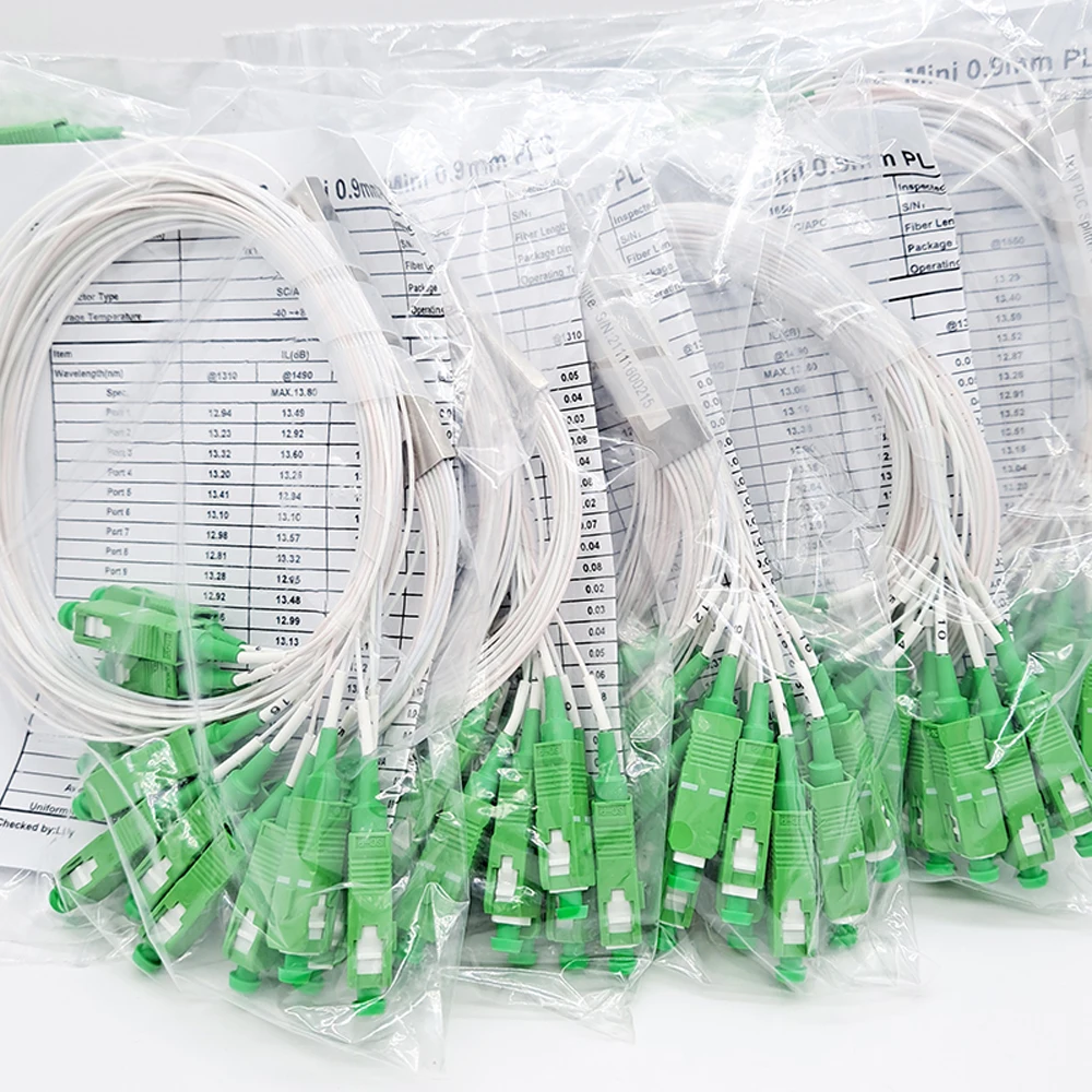10 PCS/Lot 1X2 1X4 1X8 1X16 1X32 PLC SC/APC SM Single Mode 0.9mm G657A1 LSZH 1m FTTH Fiber Optic Splitter