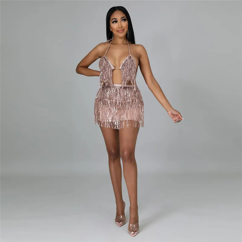 

Women Bikini Set Swimwears Sequined Tasseled Sleeveless Lacing Halterneck Bra with Skirt Bathing Swimsuit for Beach Swimming