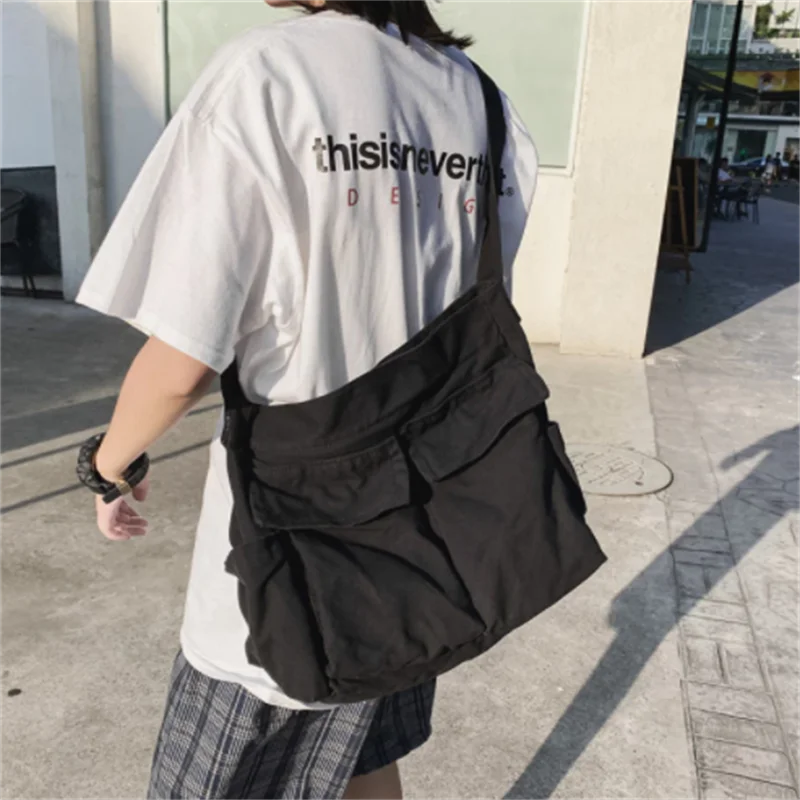 Retro Multi Pockets Canvas Handbag Male Teenager Student Over Large Street Hip Hop Zipper Messenger Bag Female Crossbody Bag