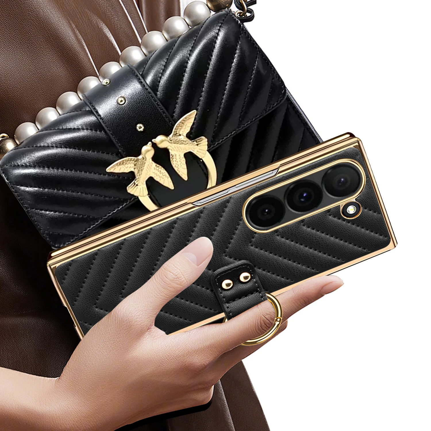 Чехол VIETAO Green galaxy z fold 6 Женский кожаный чехол-рамка для мобильного телефона с